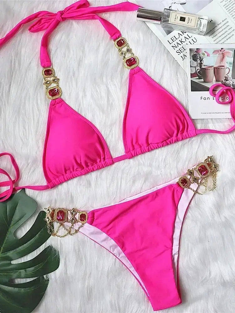 2026 Shiny Rhinestone Diamond Bikini Women Swimsuit Female Swimwear Two Pieces Bikini Set Halter Metal Chains Bathing Suit Swim by White Beach