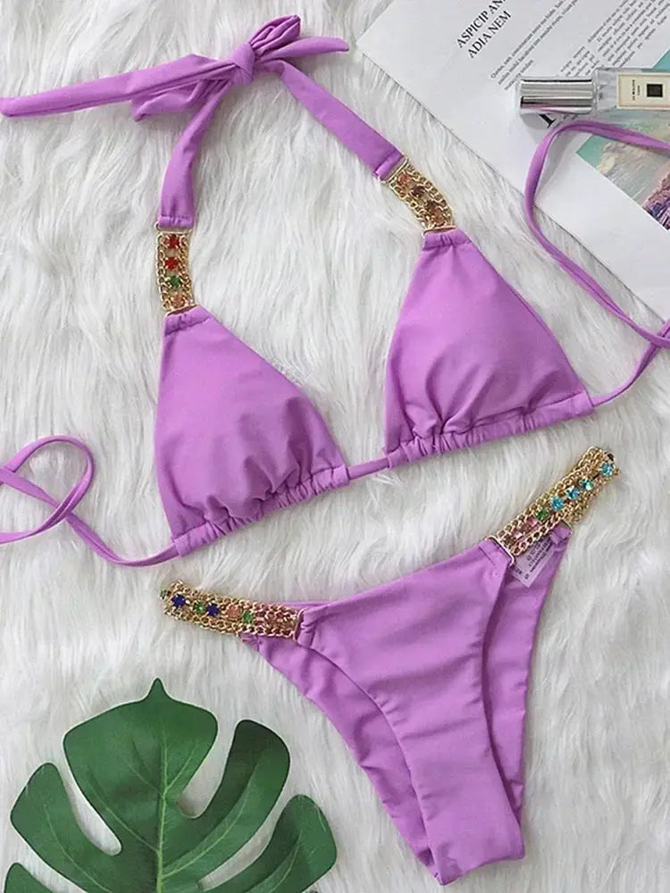 2026 Shiny Rhinestone Diamond Bikini Women Swimsuit Female Swimwear Two Pieces Bikini Set Halter Metal Chains Bathing Suit Swim by White Beach