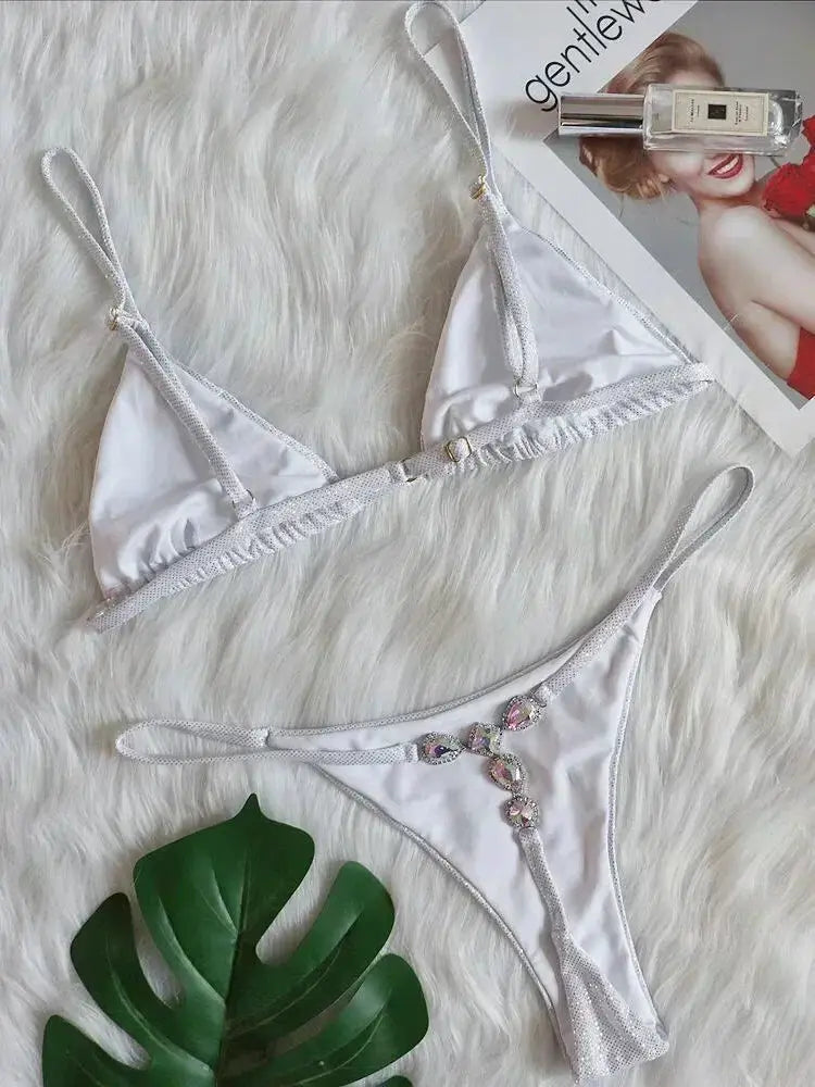 2026 Shiny Rhinestone Diamond Bikini Women Swimsuit Female Swimwear Two Pieces Bikini Set Halter Metal Chains Bathing Suit Swim by White Beach