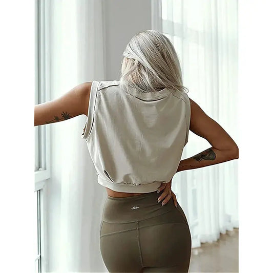 Crop Top Cotton Shirts for Women Cute Sleeveless Yoga Tops Running Gym Workout Shirts Casual Fitness Loose Female T-Shirt by White Beach