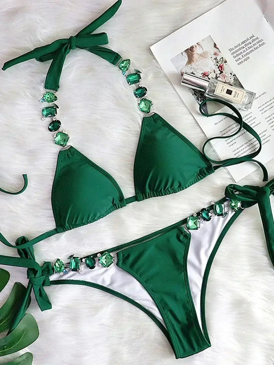 2026 Shiny Rhinestone Diamond Bikini Women Swimsuit Female Swimwear Two Pieces Bikini Set Halter Metal Chains Bathing Suit Swim by White Beach