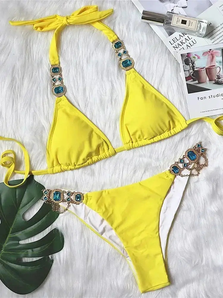 2026 Shiny Rhinestone Diamond Bikini Women Swimsuit Female Swimwear Two Pieces Bikini Set Halter Metal Chains Bathing Suit Swim by White Beach