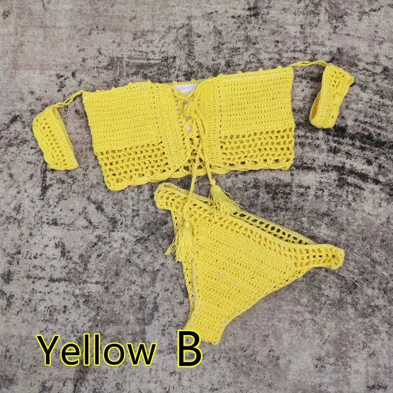 Hand Crochet Women Swimwear Sexy Beach Bikini Set Cover UP Skirt Boho Style Elastic Waistband Tassels by White Beach