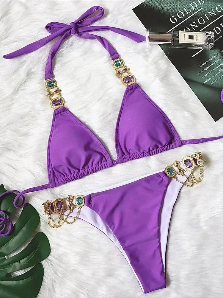 2026 Shiny Rhinestone Diamond Bikini Women Swimsuit Female Swimwear Two Pieces Bikini Set Halter Metal Chains Bathing Suit Swim by White Beach