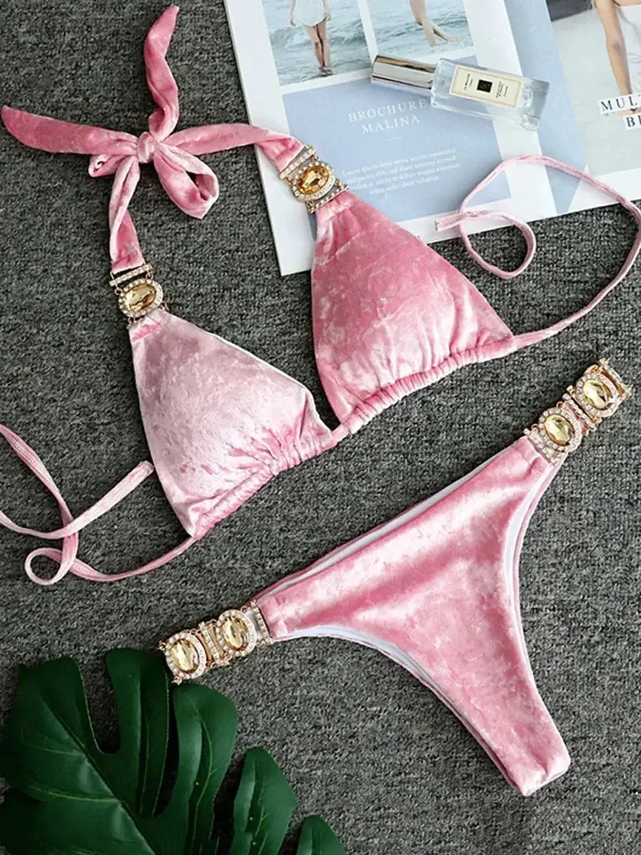 2026 Shiny Rhinestone Diamond Bikini Women Swimsuit Female Swimwear Two Pieces Bikini Set Halter Metal Chains Bathing Suit Swim by White Beach