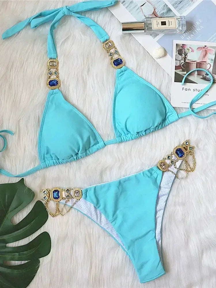 2026 Shiny Rhinestone Diamond Bikini Women Swimsuit Female Swimwear Two Pieces Bikini Set Halter Metal Chains Bathing Suit Swim by White Beach