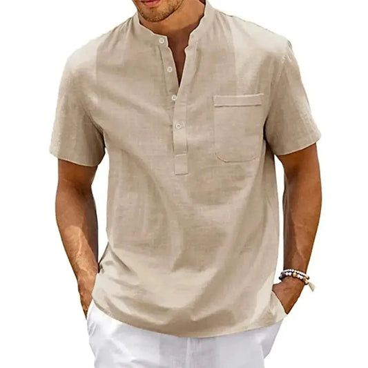 Cotton Linen Shirt Men Henley Neck Pocket Casual Beach Short Sleeve Solid Color Male Tops T-shirts Vintage Streetwear by White Beach