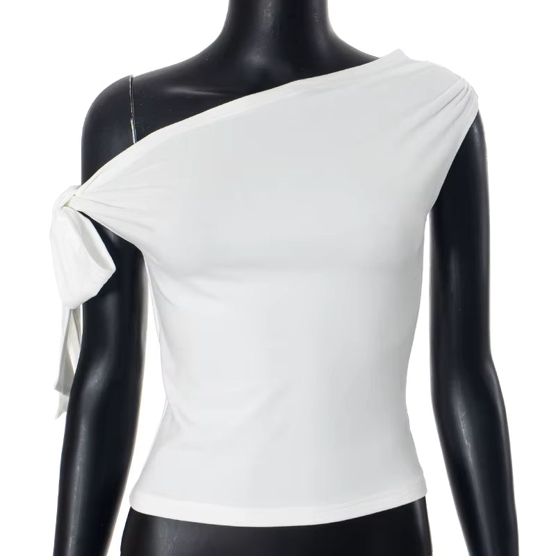 Women's Summer Style New Shrink Pleated One-Shoulder Crop Top Backless Twist Tie Asymmetric T-Shirt Casual Top by AliShop