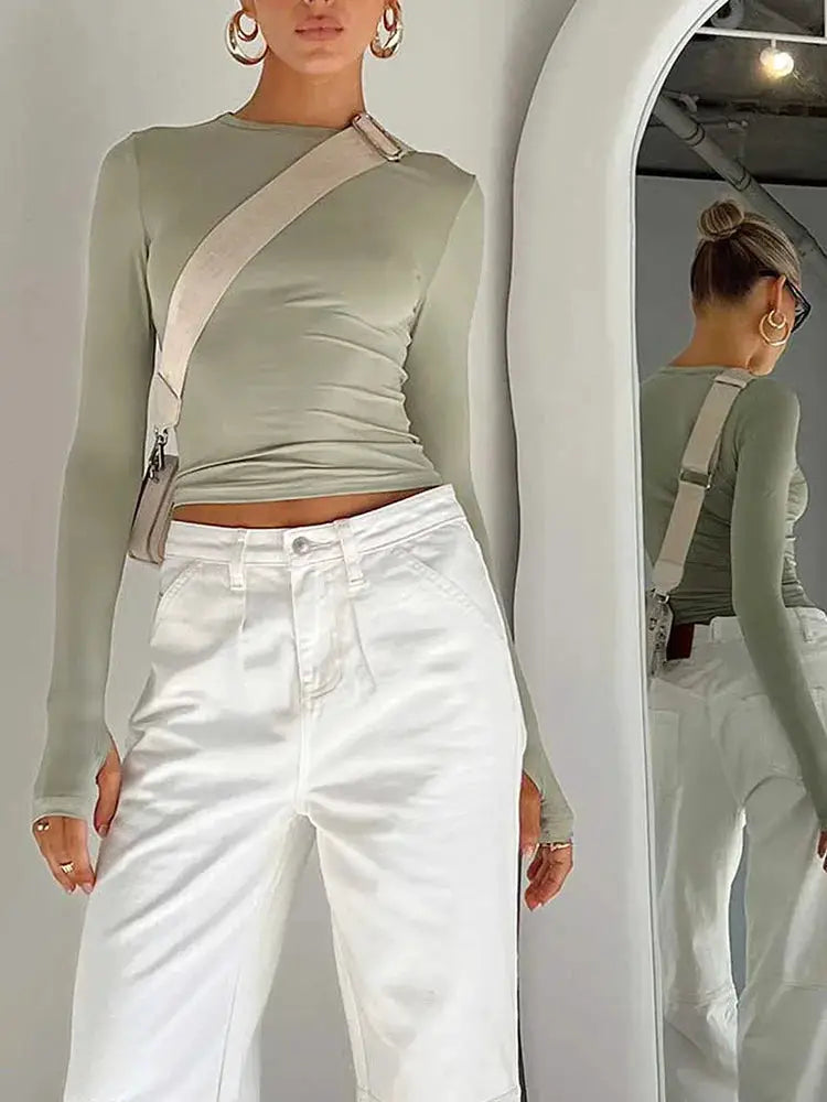 Fashion Women T-shirt Long Sleeve Crew Neck Solid Slim Fit Ladies Crop Top with Thumb Holes for Daily Streetwear Summer Camis by AliShop