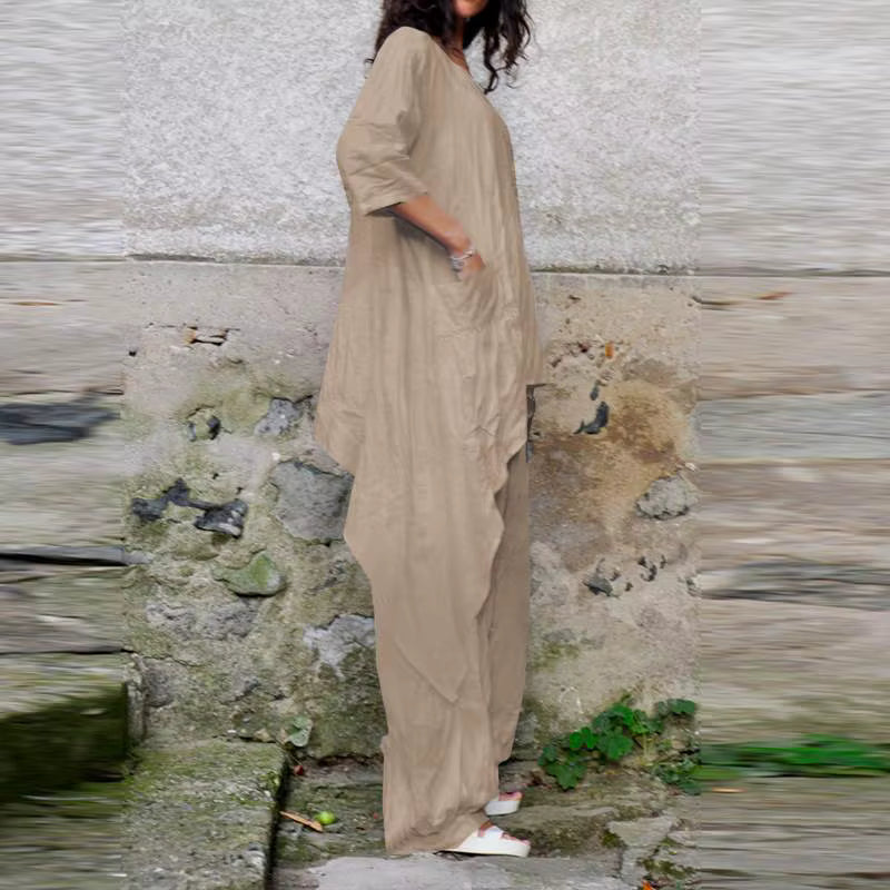2024 Summer New Fashion Casual Loose Top Irregular Hem Round Neck Cotton Linen Top Loose Leg Pants Elegant Two Piece Set by AliShop