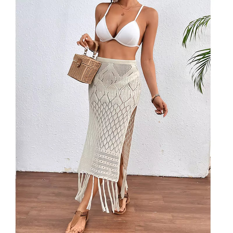 Women Knitted Texture Sarong Skirts Sexy High Slit Tassel Cover-Up Beach Summer Vacation Wrapped Skirt Bikini Cover Up by AliShop