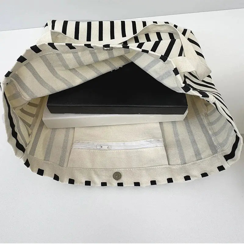 Striped Canvas Bag Beach Handbag Fashionable Women's Canvas Summer Large Capacity Shoulder Bag by AliShop