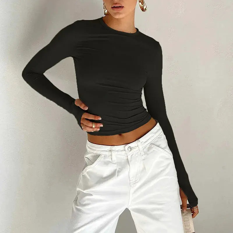 Fashion Women T-shirt Long Sleeve Crew Neck Solid Slim Fit Ladies Crop Top with Thumb Holes for Daily Streetwear Summer Camis by AliShop