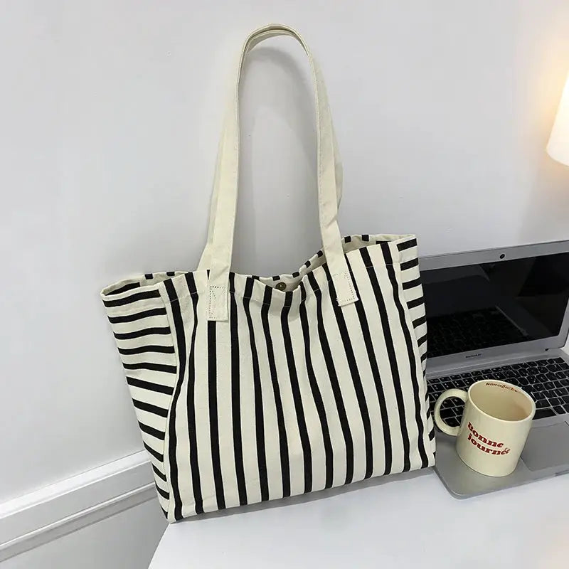 Striped Canvas Bag Beach Handbag Fashionable Women's Canvas Summer Large Capacity Shoulder Bag by AliShop