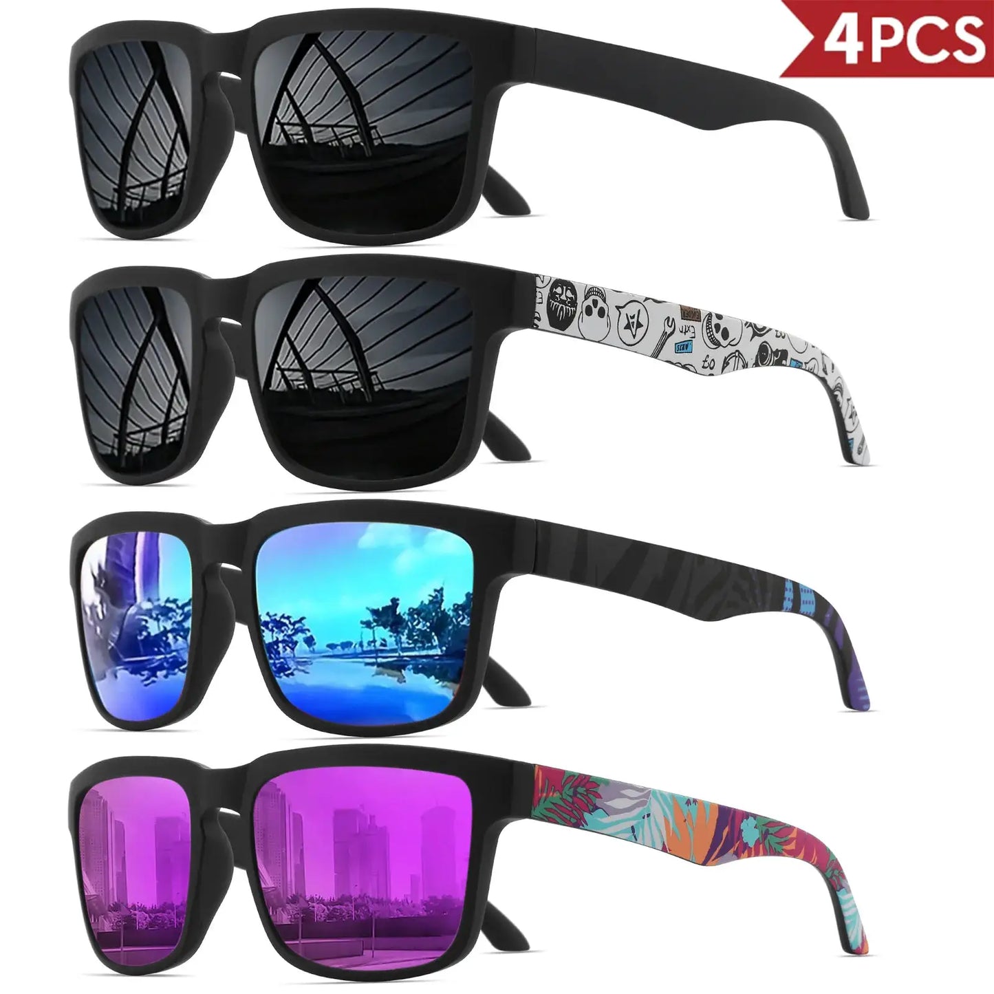 4PCS Square Sports Sunglasses with Designer Temple Pattern - UV400 for Men Women, Beach Vacation by AliShop