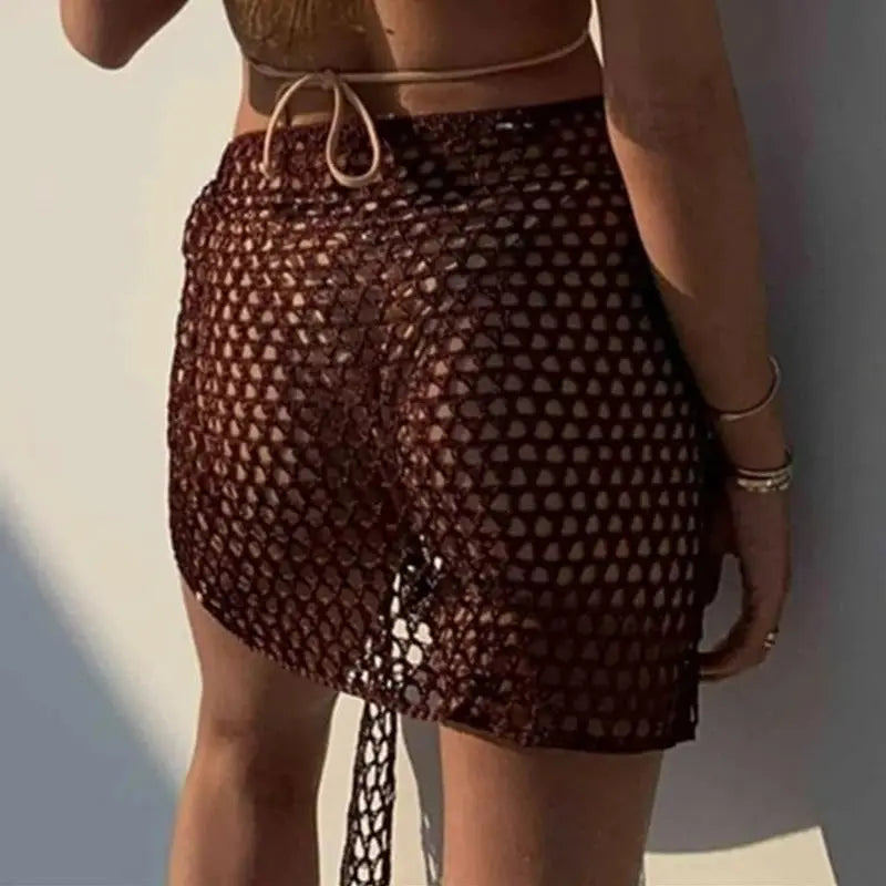 2024 Trend Women Knitted Hollow Out Solid Color Skirt Sexy Beach Sunscreen Short Dress Swimsuit Cover-Ups Bonds Sarong Skirt by AliShop