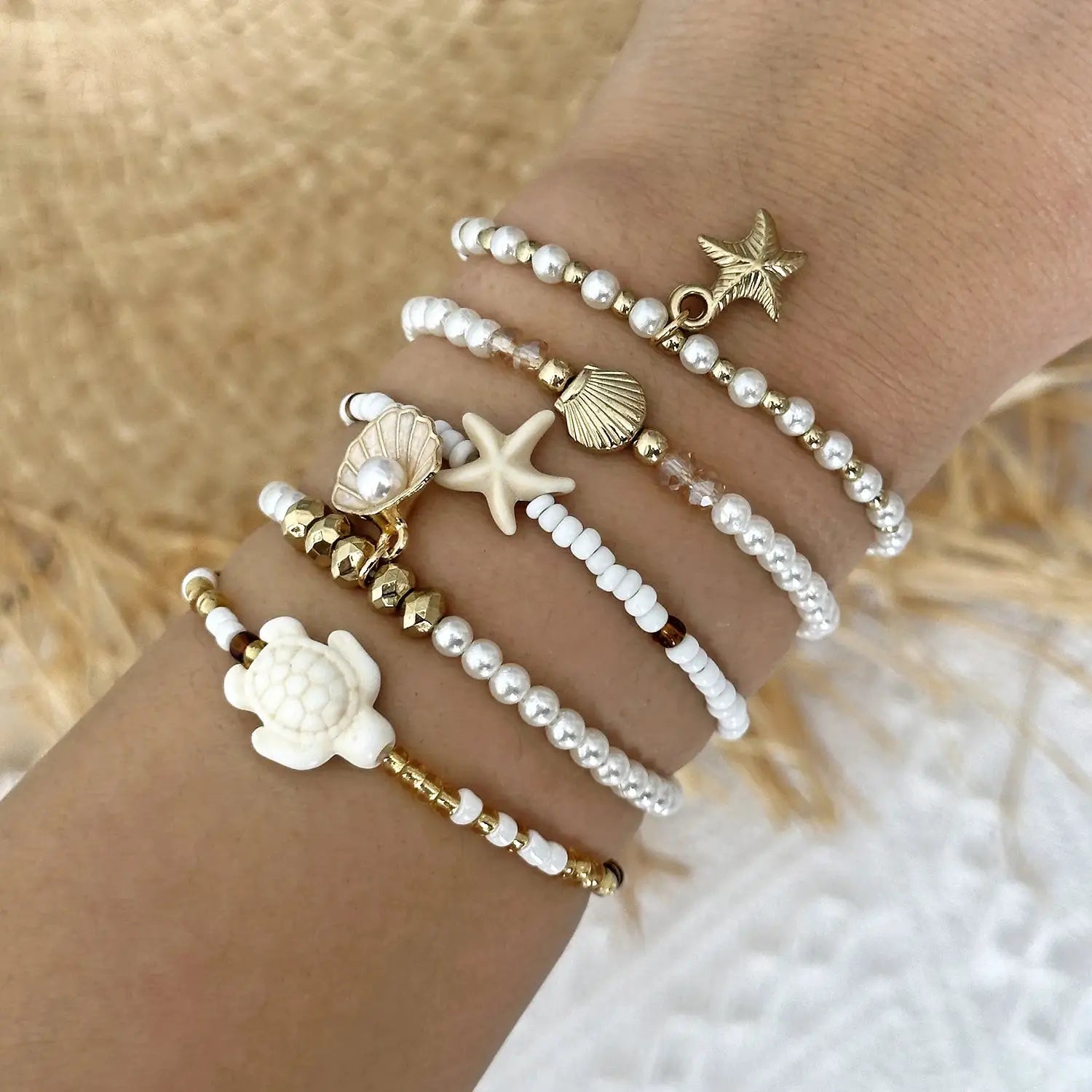 Multilayer Sea Turtle Shell Chain Bracelet Set for Women Elegant Starfish Imitation Pearl Bracelets Resort Wear Jewelry Gift by AliShop