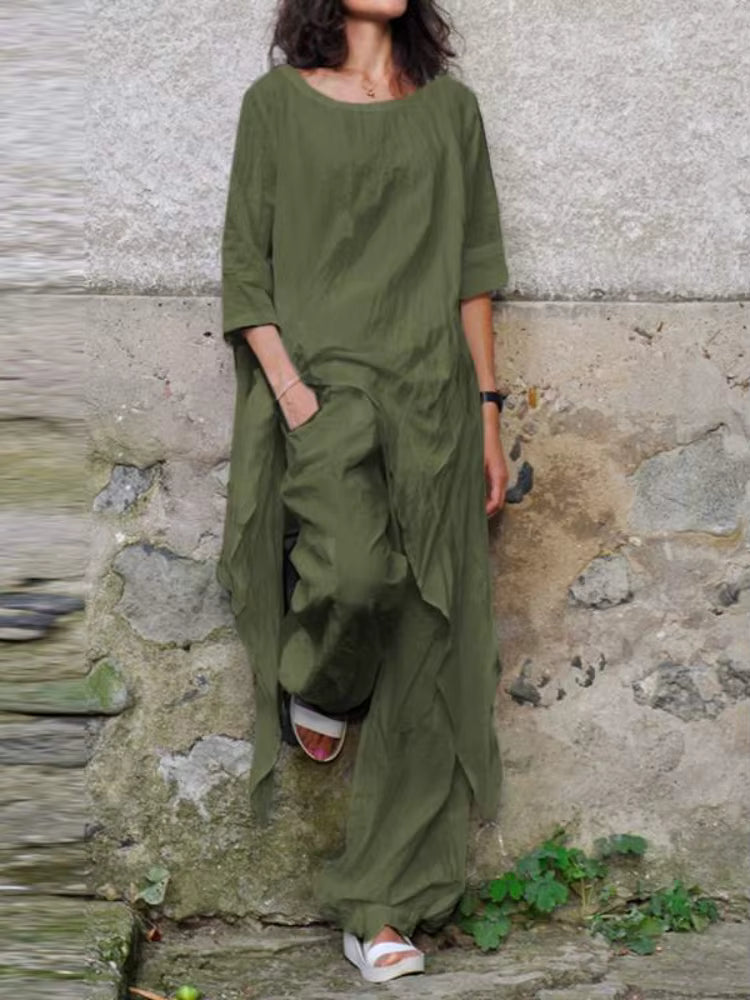 2024 Summer New Fashion Casual Loose Top Irregular Hem Round Neck Cotton Linen Top Loose Leg Pants Elegant Two Piece Set by AliShop
