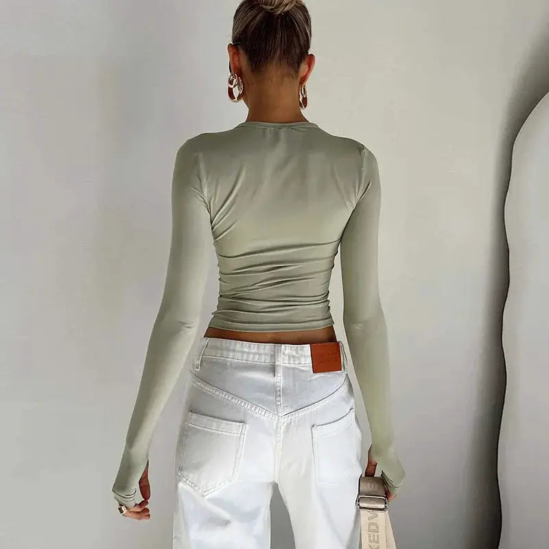 Fashion Women T-shirt Long Sleeve Crew Neck Solid Slim Fit Ladies Crop Top with Thumb Holes for Daily Streetwear Summer Camis by AliShop