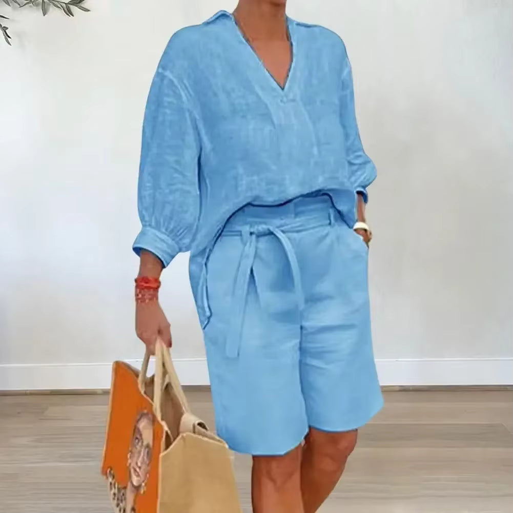 Summer Fashion New Matching Collection Loose and Elegant V-neck Short Sleeve Cotton Linen Top Wide Leg Shorts Two Piece Set by AliShop