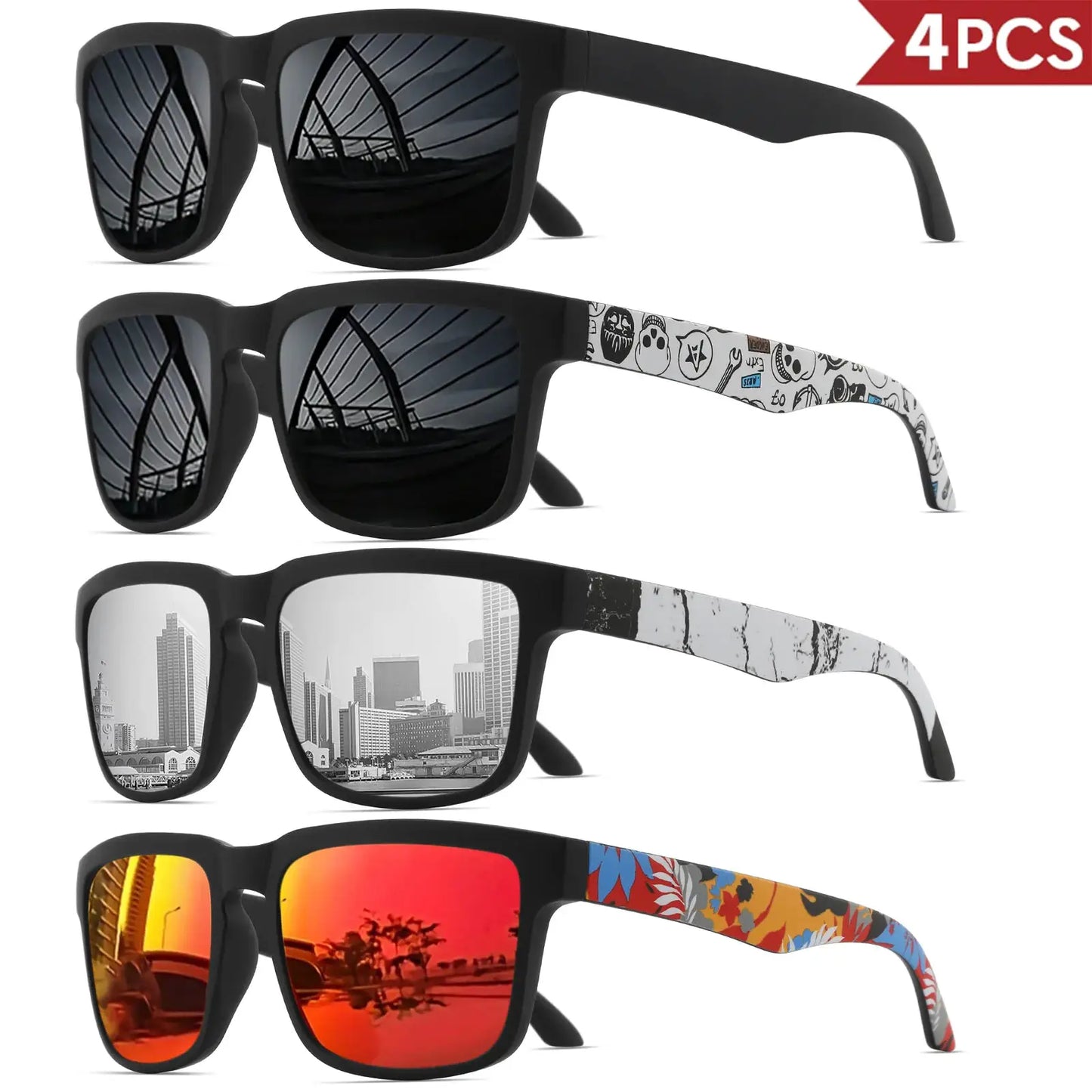 4PCS Square Sports Sunglasses with Designer Temple Pattern - UV400 for Men Women, Beach Vacation by AliShop