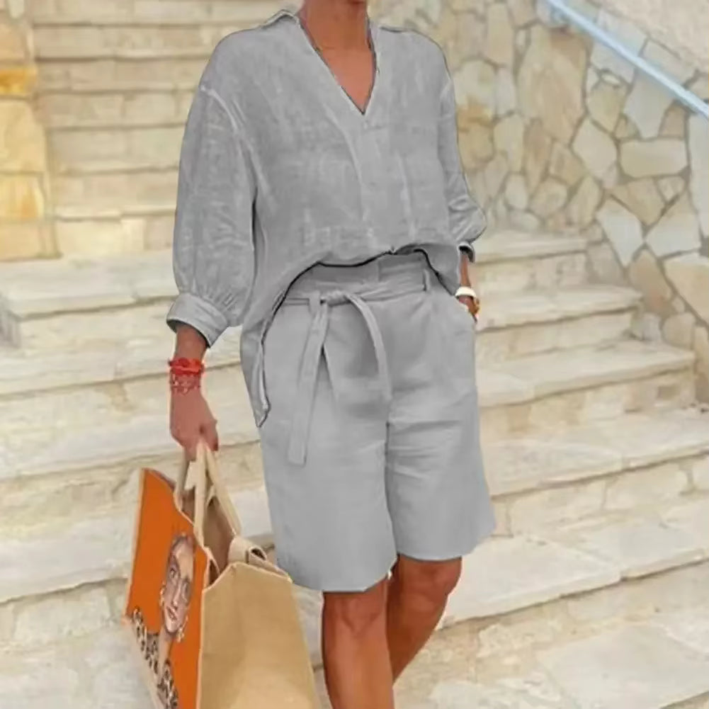 Summer Fashion New Matching Collection Loose and Elegant V-neck Short Sleeve Cotton Linen Top Wide Leg Shorts Two Piece Set by AliShop