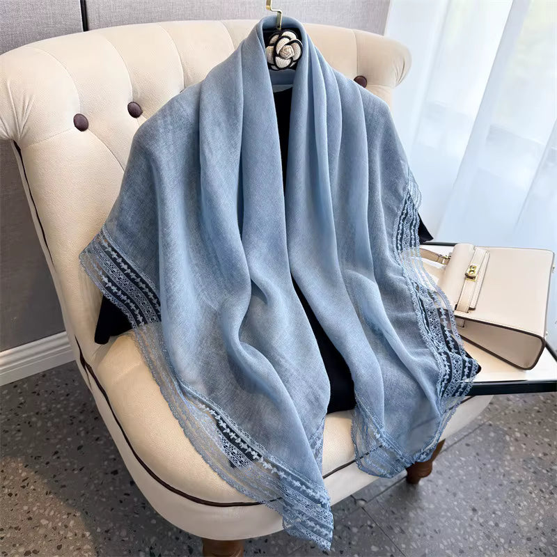 Bohemian Solid Lace Trim Scarf for Women Square Cotton Hijabs Soft Sun-Protection Shawl Summer Beach Sarong Headband 2026 by AliShop