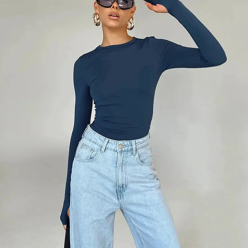 Fashion Women T-shirt Long Sleeve Crew Neck Solid Slim Fit Ladies Crop Top with Thumb Holes for Daily Streetwear Summer Camis by AliShop