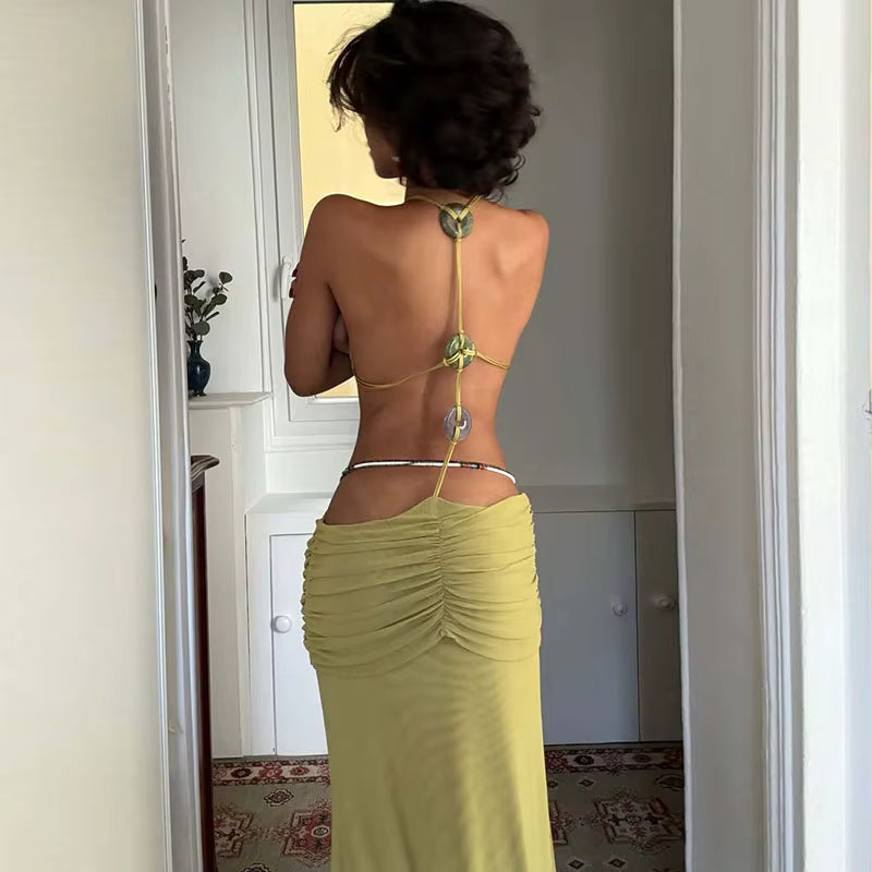 Solid Color Fit Party Maxi Dress Halter Beading Decoration Hollow Out Sexy Beach Dress Summer Sleeveless Backless Vacation Dress by AliShop
