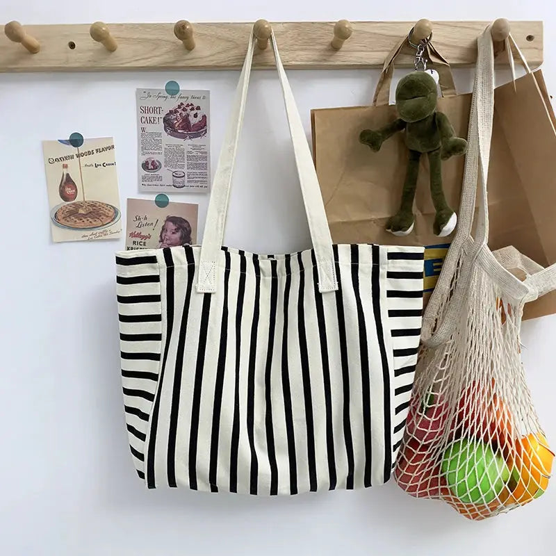 Striped Canvas Bag Beach Handbag Fashionable Women's Canvas Summer Large Capacity Shoulder Bag by AliShop