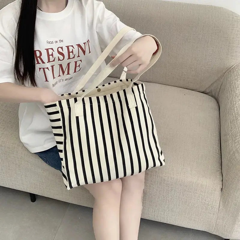 Striped Canvas Bag Beach Handbag Fashionable Women's Canvas Summer Large Capacity Shoulder Bag by AliShop