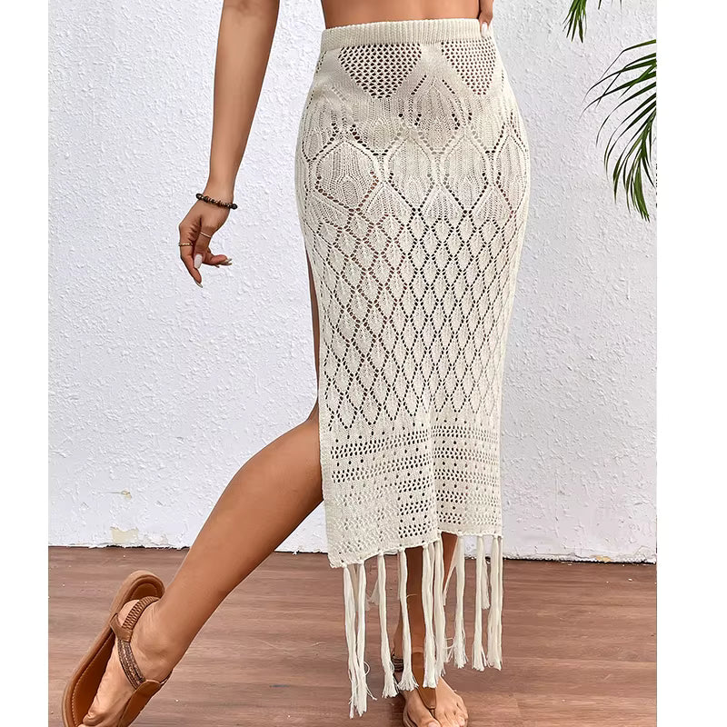 Women Knitted Texture Sarong Skirts Sexy High Slit Tassel Cover-Up Beach Summer Vacation Wrapped Skirt Bikini Cover Up by AliShop