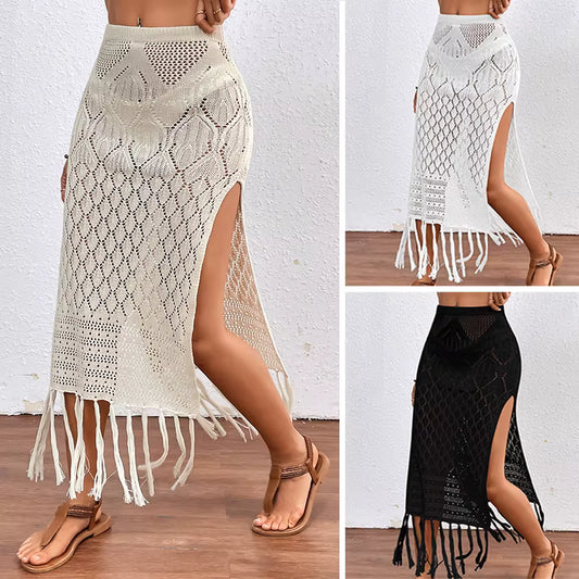 Women Knitted Texture Sarong Skirts Sexy High Slit Tassel Cover-Up Beach Summer Vacation Wrapped Skirt Bikini Cover Up by AliShop