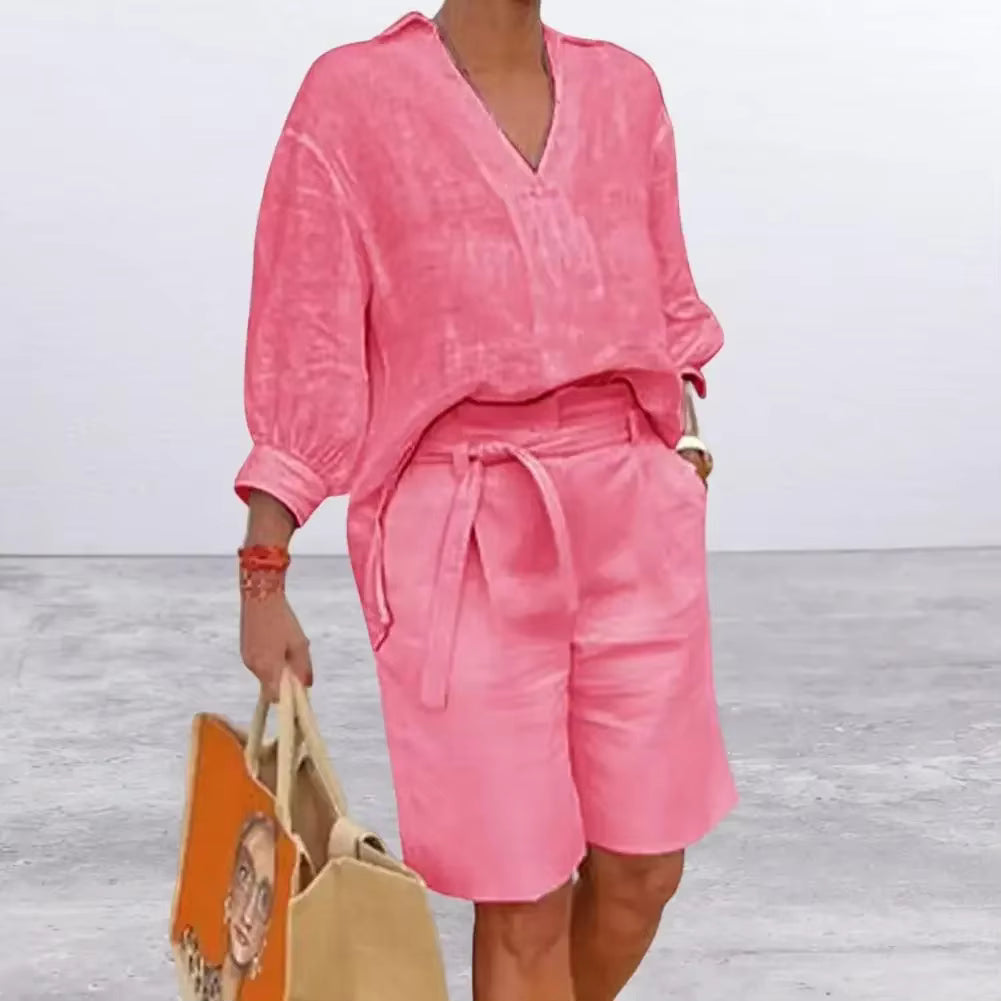 Summer Fashion New Matching Collection Loose and Elegant V-neck Short Sleeve Cotton Linen Top Wide Leg Shorts Two Piece Set by AliShop