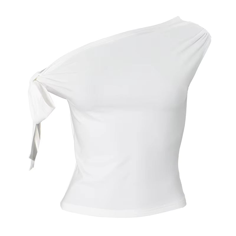 Women's Summer Style New Shrink Pleated One-Shoulder Crop Top Backless Twist Tie Asymmetric T-Shirt Casual Top by AliShop