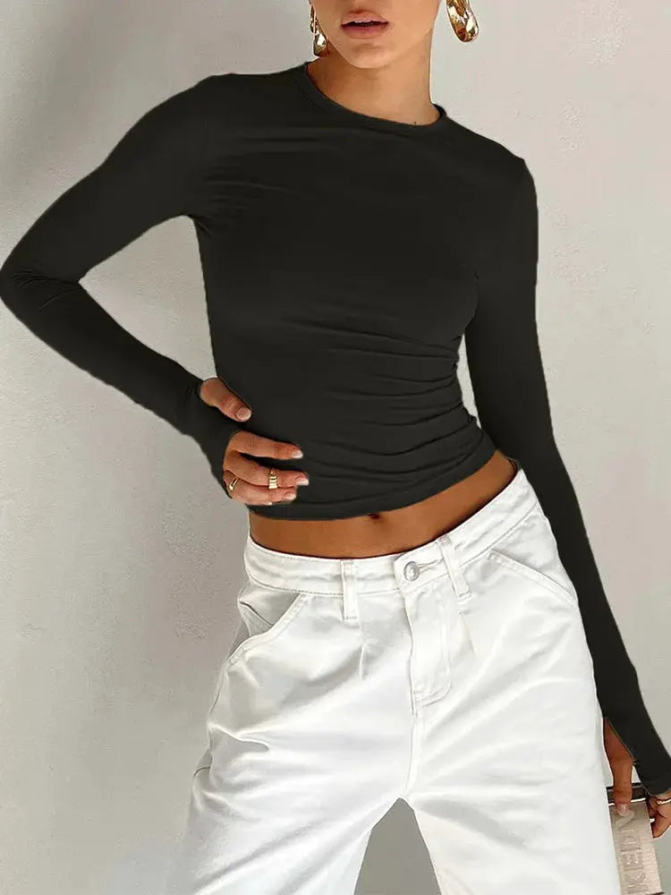 Fashion Women T-shirt Long Sleeve Crew Neck Solid Slim Fit Ladies Crop Top with Thumb Holes for Daily Streetwear Summer Camis by AliShop