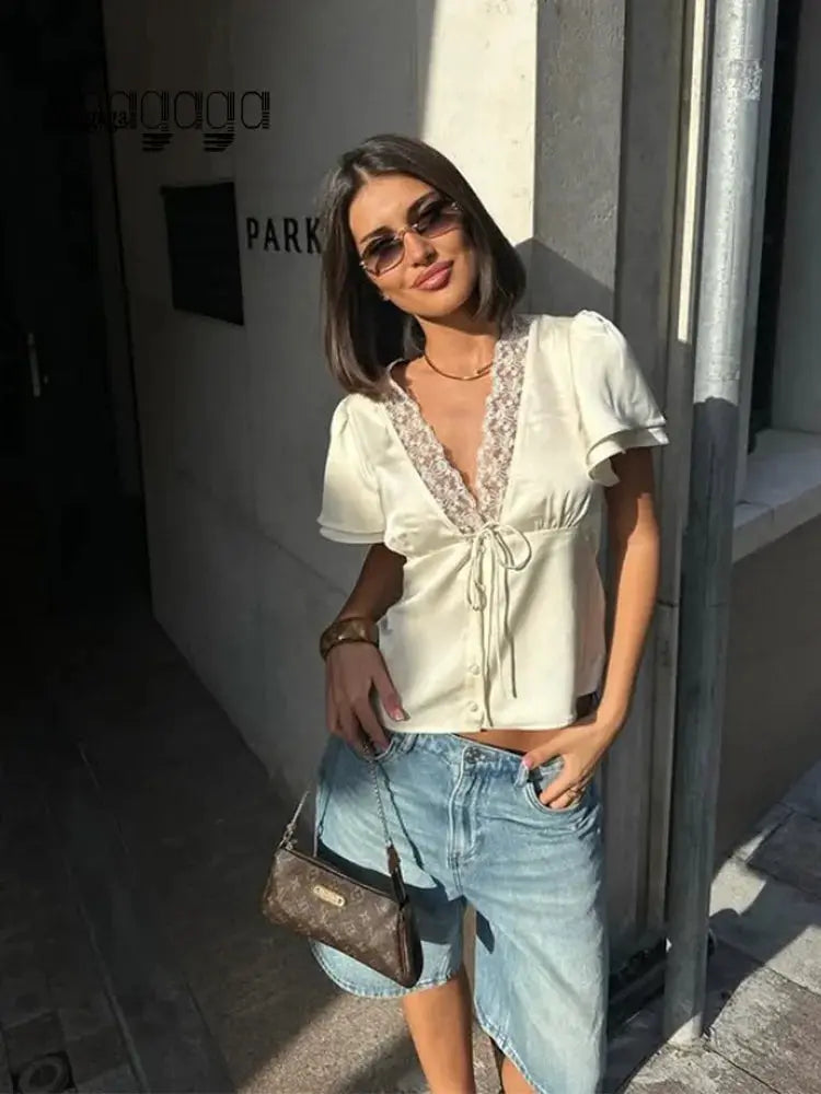 Ahagaga Causal Women Tops Solid Lace -Neck Short Sleeves Satin Slim Button Regular Eelgant Streetwear Tees Female Basic T Shirts by AliShop