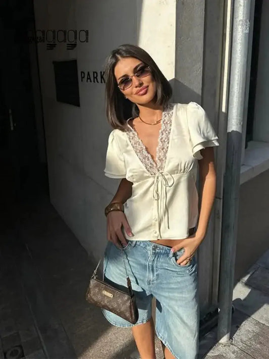 Ahagaga Causal Women Tops Solid Lace -Neck Short Sleeves Satin Slim Button Regular Eelgant Streetwear Tees Female Basic T Shirts by AliShop
