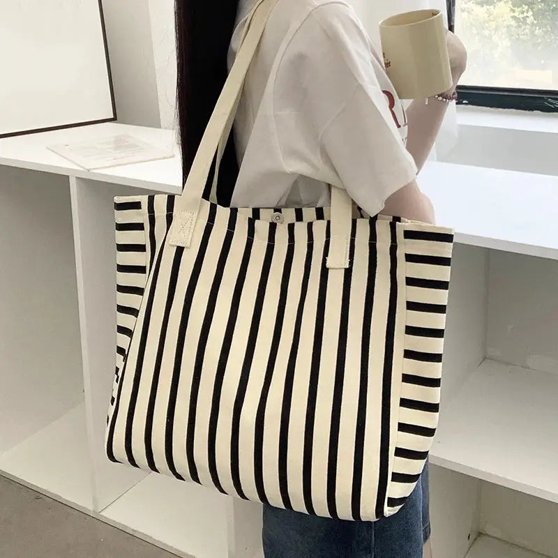 Striped Canvas Bag Beach Handbag Fashionable Women's Canvas Summer Large Capacity Shoulder Bag by AliShop