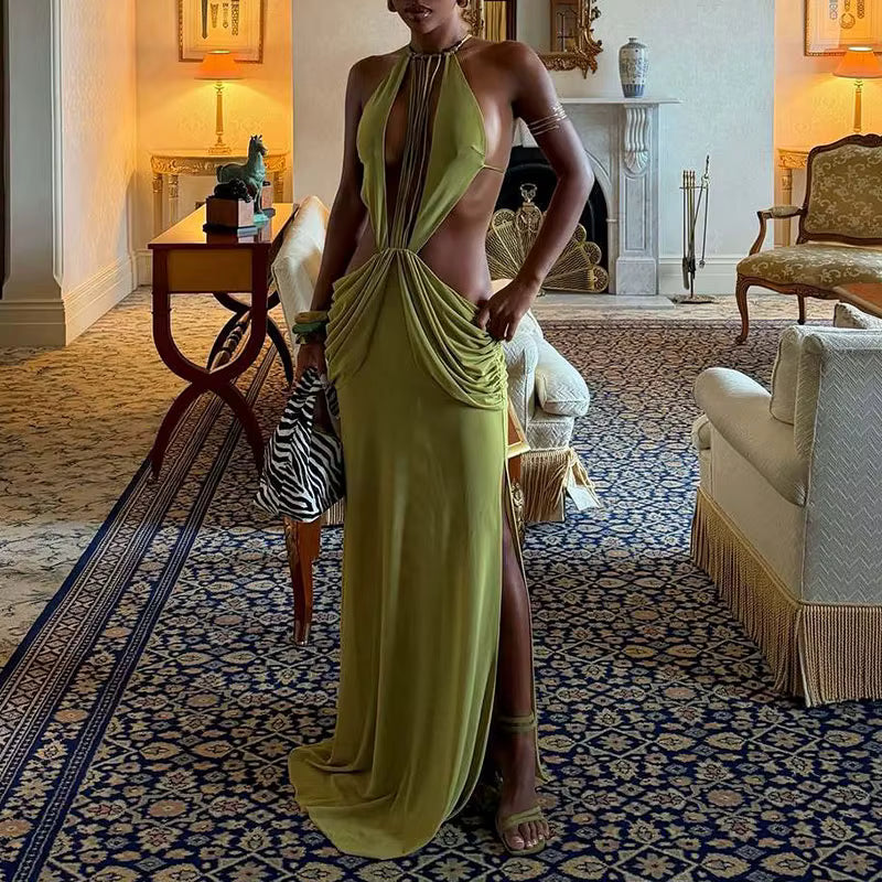 Solid Color Fit Party Maxi Dress Halter Beading Decoration Hollow Out Sexy Beach Dress Summer Sleeveless Backless Vacation Dress by AliShop