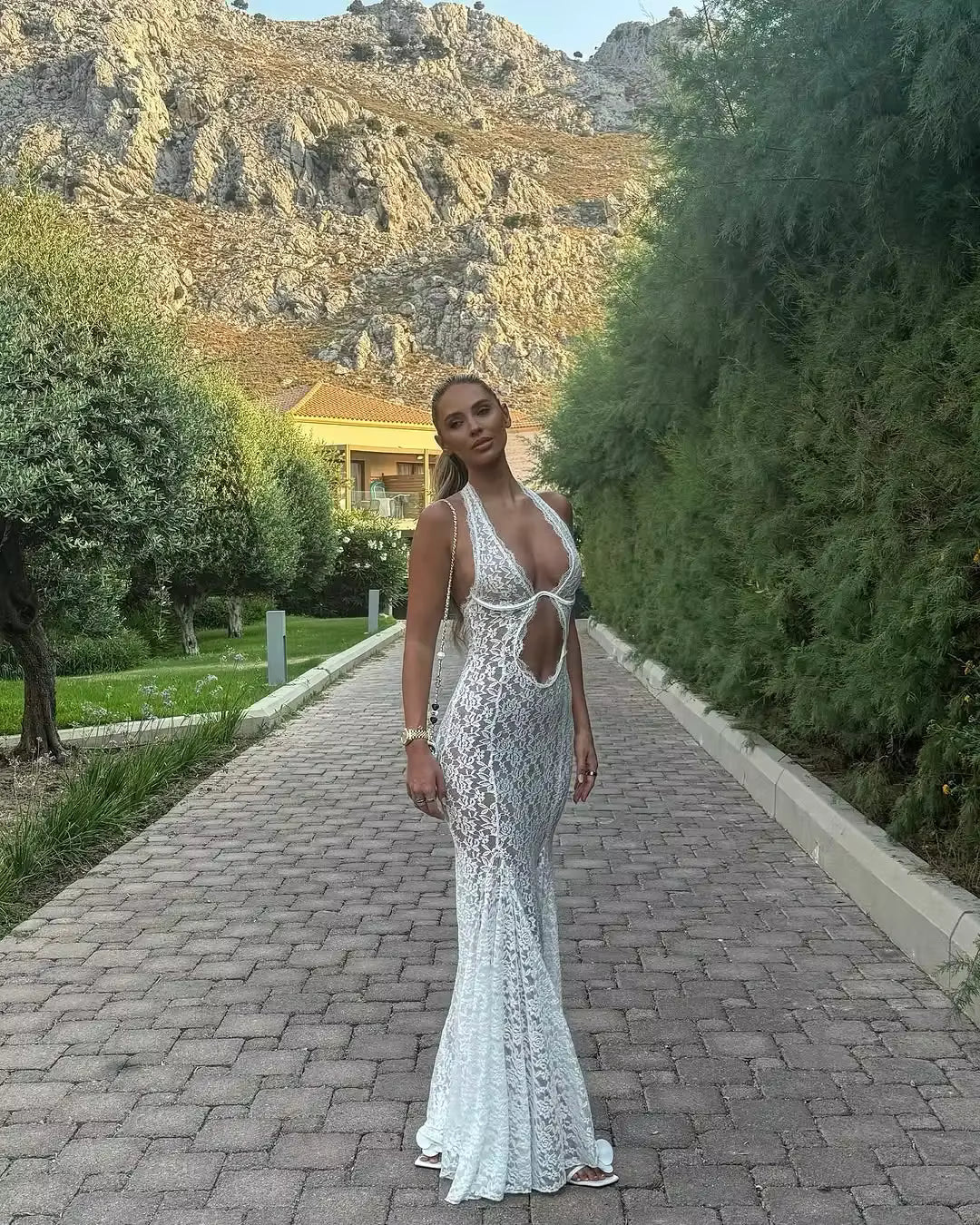 Sexy White Lace Hollow-out Halter Dress Women Chic Sleeveless Off-shoulder Backless Maxi Dresses 2026 Lady Vacation Beach Gowns by AliShop