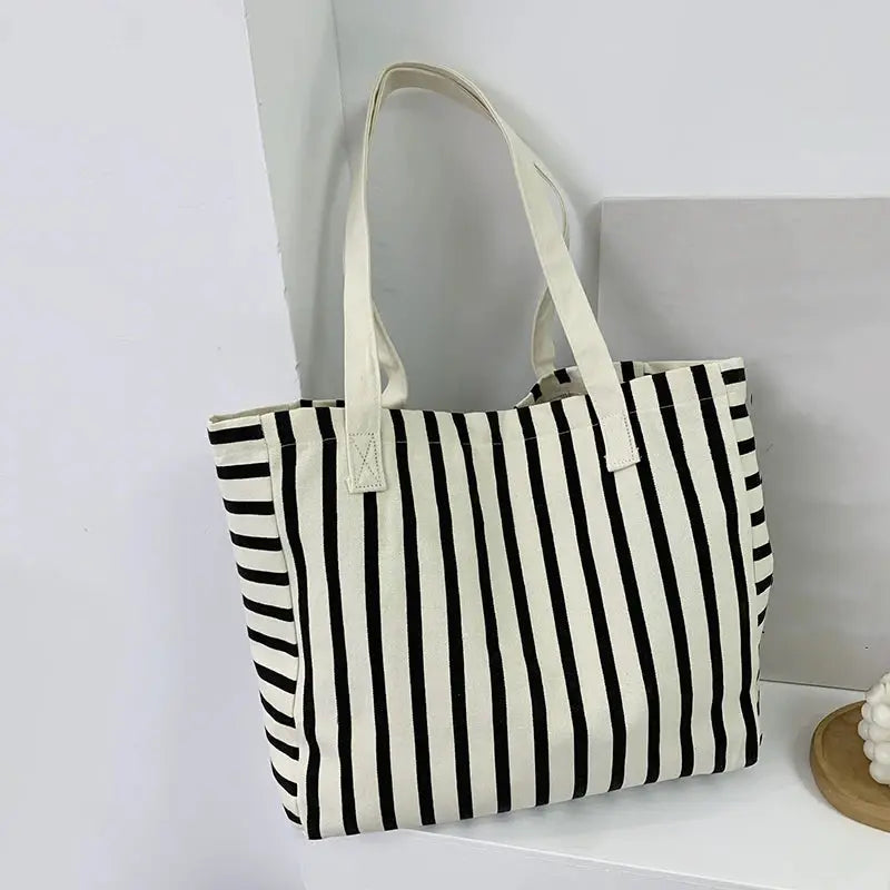 Striped Canvas Bag Beach Handbag Fashionable Women's Canvas Summer Large Capacity Shoulder Bag by AliShop