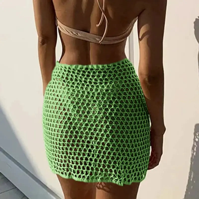 2024 Trend Women Knitted Hollow Out Solid Color Skirt Sexy Beach Sunscreen Short Dress Swimsuit Cover-Ups Bonds Sarong Skirt by AliShop