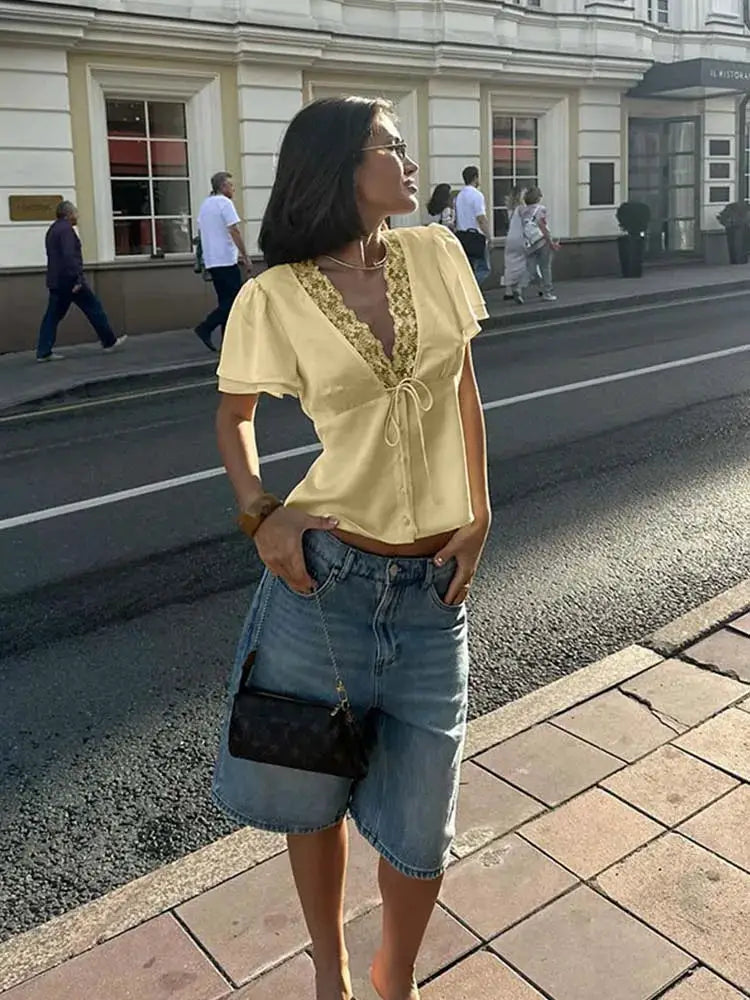 Ahagaga Causal Women Tops Solid Lace -Neck Short Sleeves Satin Slim Button Regular Eelgant Streetwear Tees Female Basic T Shirts by AliShop