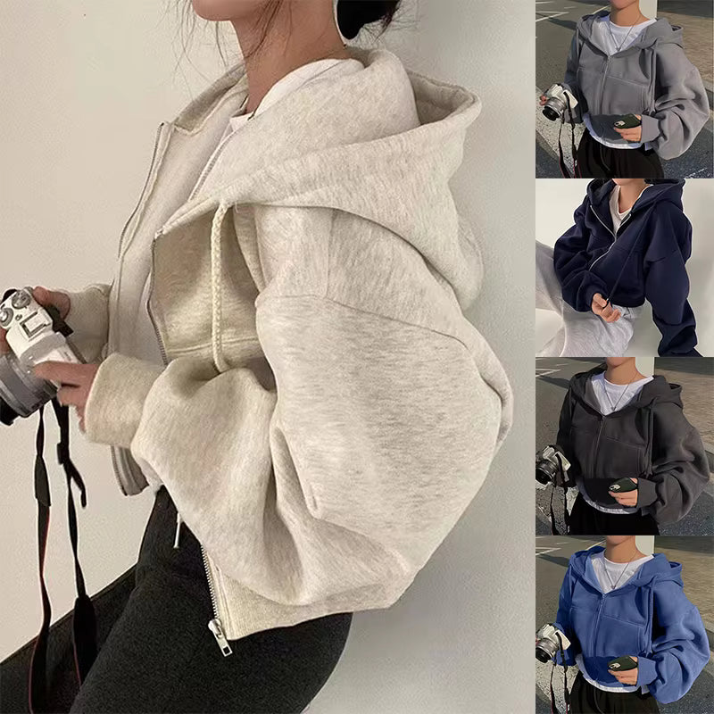 2024 Spring Autumn New Insfleece-lined Versatile Cropped Slims Smooths Silhouette Zip-up Warm Navy Blue Hooded Sweatshirt Women by AliShop