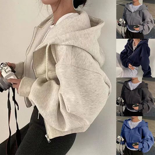 2024 Spring Autumn New Insfleece-lined Versatile Cropped Slims Smooths Silhouette Zip-up Warm Navy Blue Hooded Sweatshirt Women by AliShop
