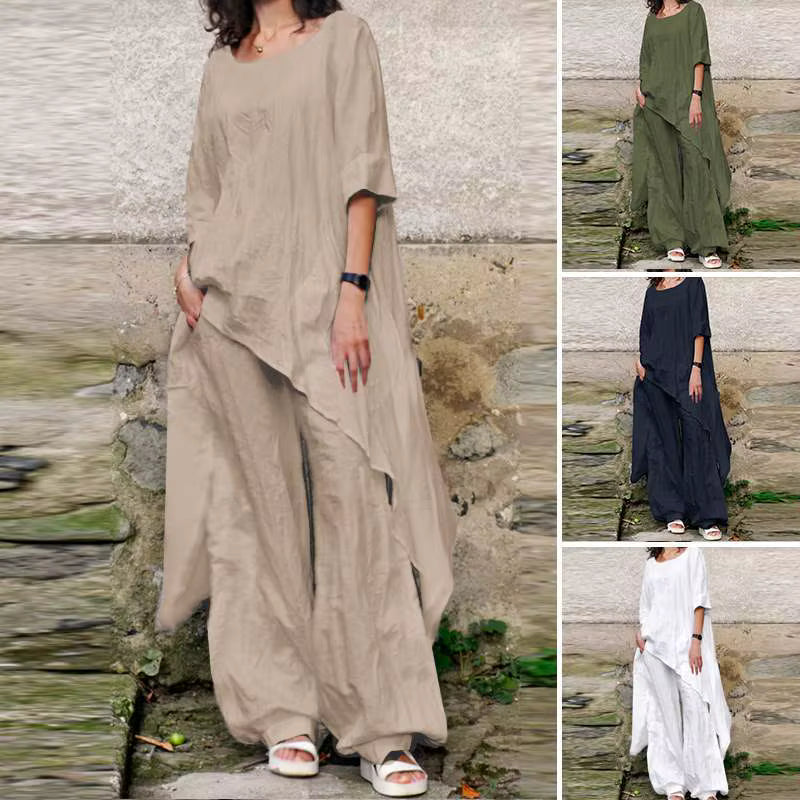 2024 Summer New Fashion Casual Loose Top Irregular Hem Round Neck Cotton Linen Top Loose Leg Pants Elegant Two Piece Set by AliShop
