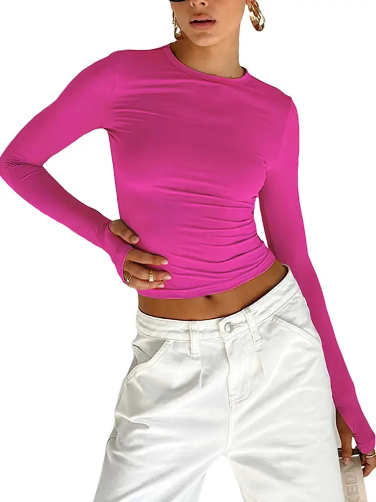 Fashion Women T-shirt Long Sleeve Crew Neck Solid Slim Fit Ladies Crop Top with Thumb Holes for Daily Streetwear Summer Camis by AliShop
