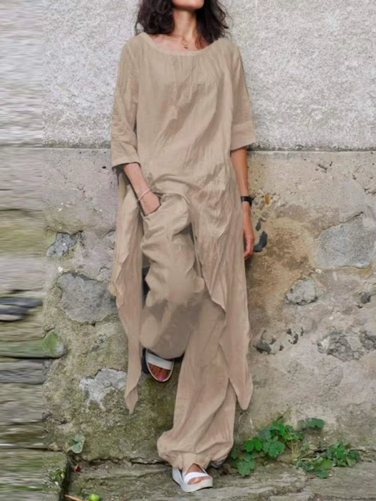 2024 Summer New Fashion Casual Loose Top Irregular Hem Round Neck Cotton Linen Top Loose Leg Pants Elegant Two Piece Set by AliShop