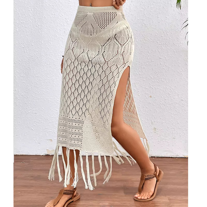Women Knitted Texture Sarong Skirts Sexy High Slit Tassel Cover-Up Beach Summer Vacation Wrapped Skirt Bikini Cover Up by AliShop